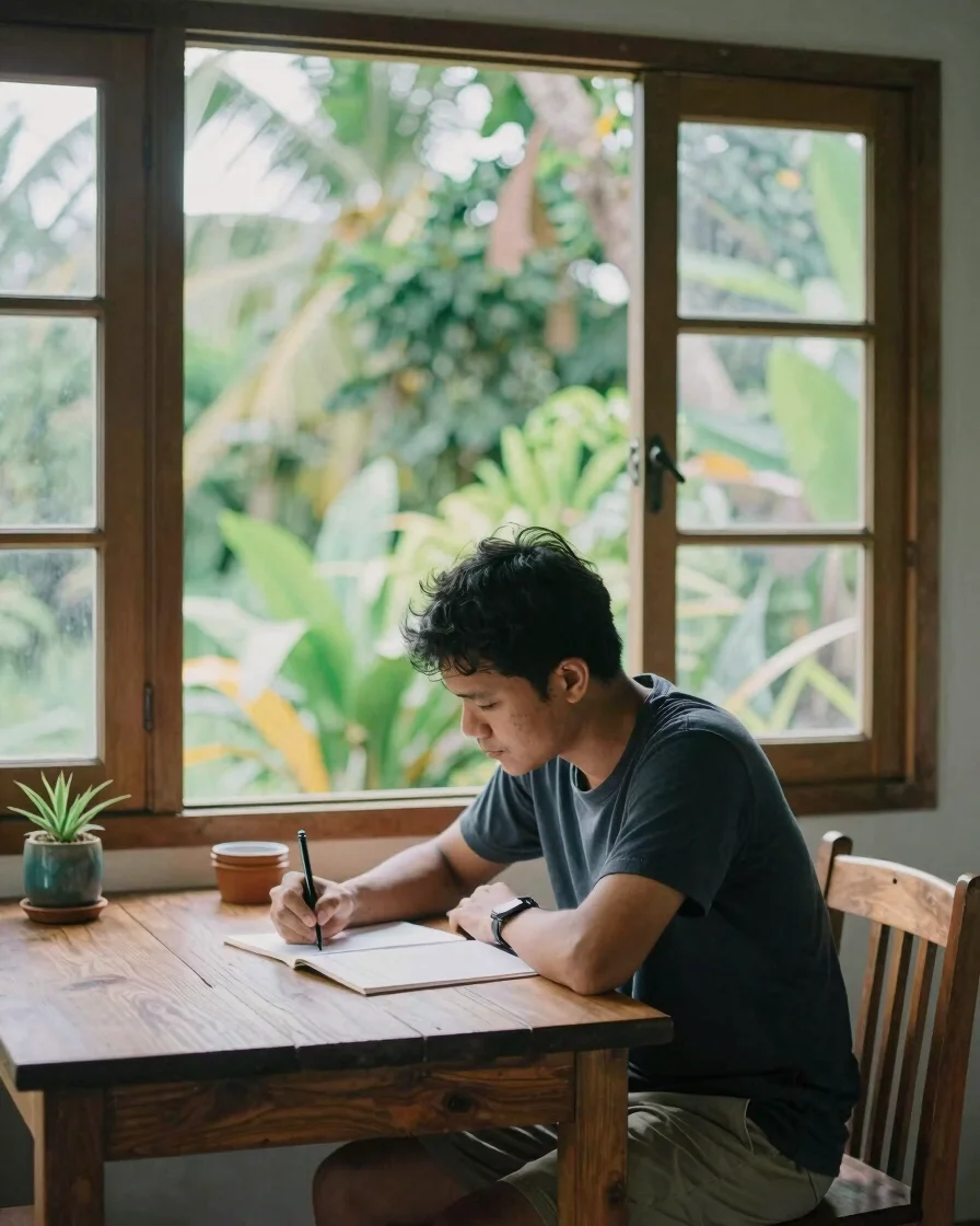 Adrian Bachri duduk santai menulis di meja kayu dekat jendela, su