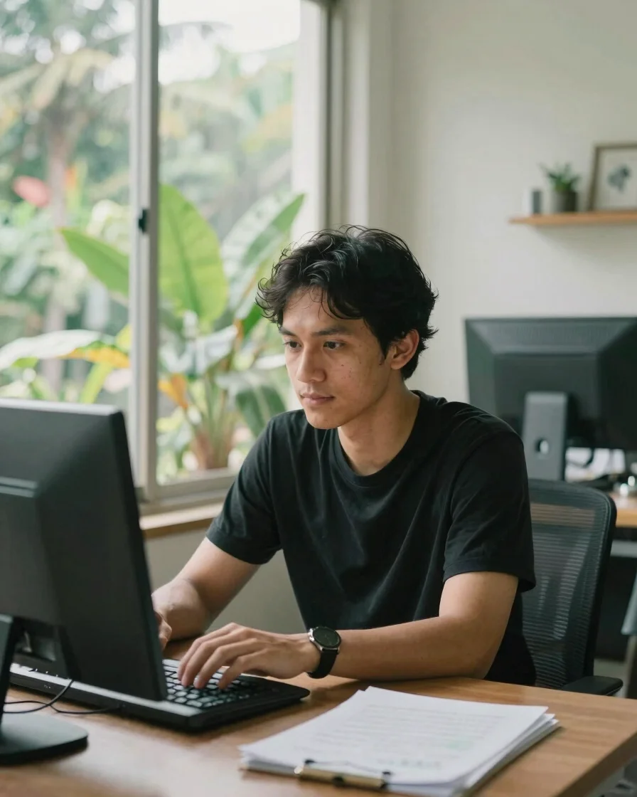 Potret editorial Adrian Bachri yang santai di ruang kerja berdind